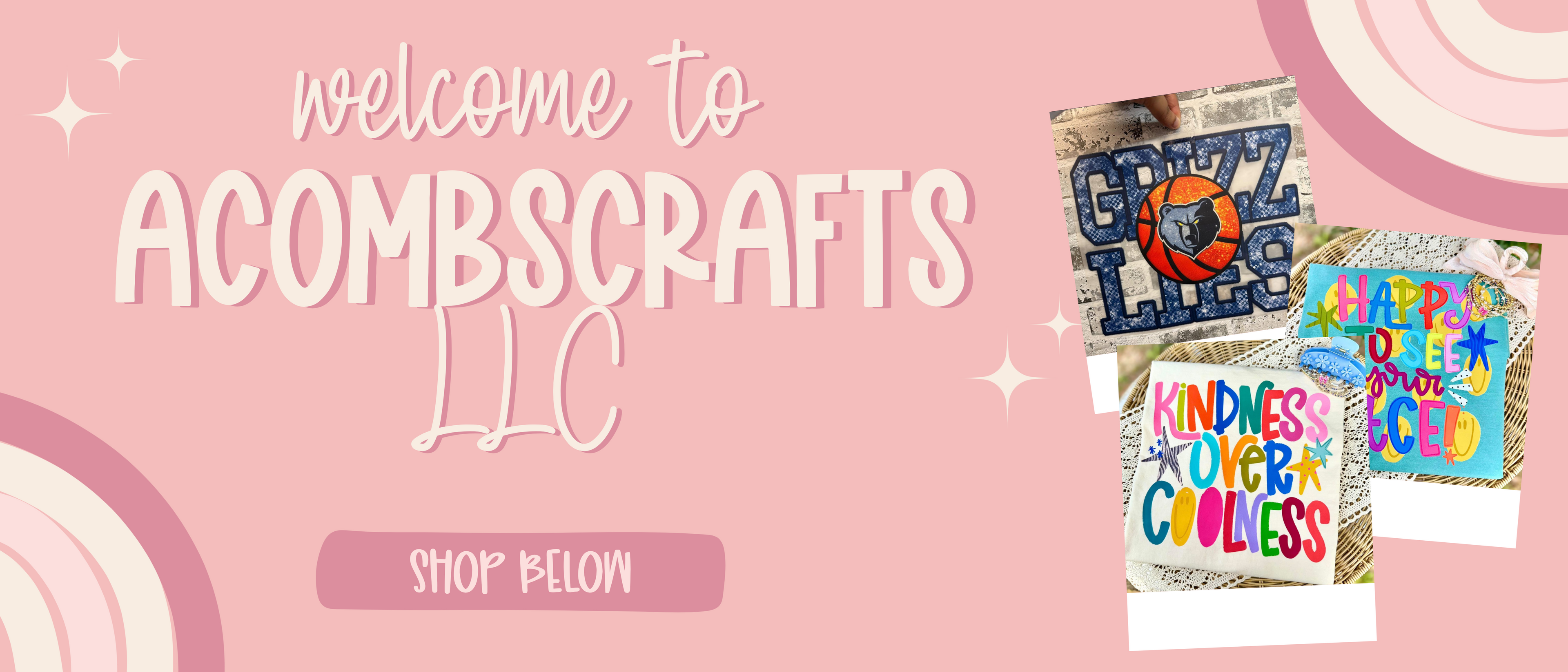 Welcome banner to AccombsCrafts LLC with craft items on a pink background